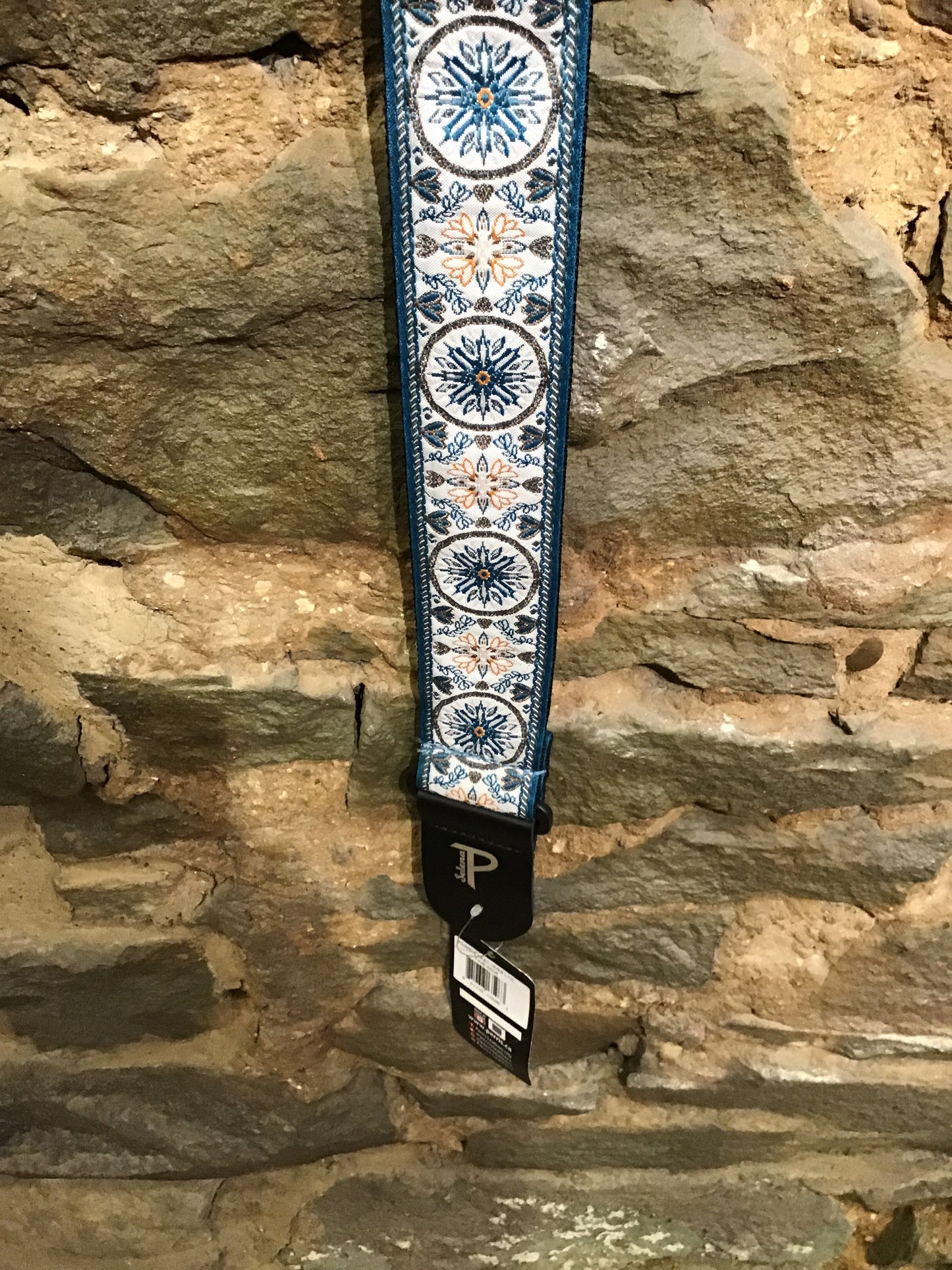 Perri’s Leathers 2” Jacquard ribbon, turquoise and orange print guitar strap