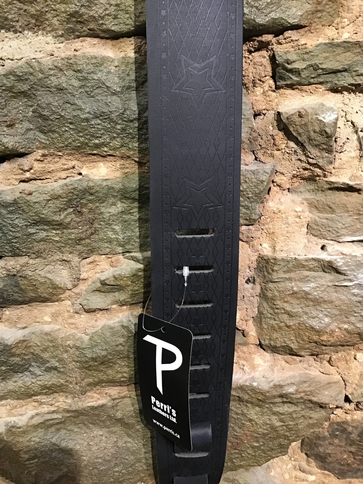 Perri’s Leathers 2.5” black leather guitar strap with full strap embossing