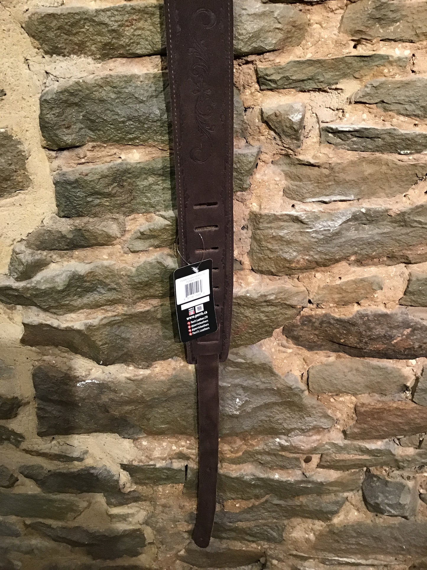 Perri’s Leathers 2.5” embossed soft brown suede guitar strap with soft tan suede backing