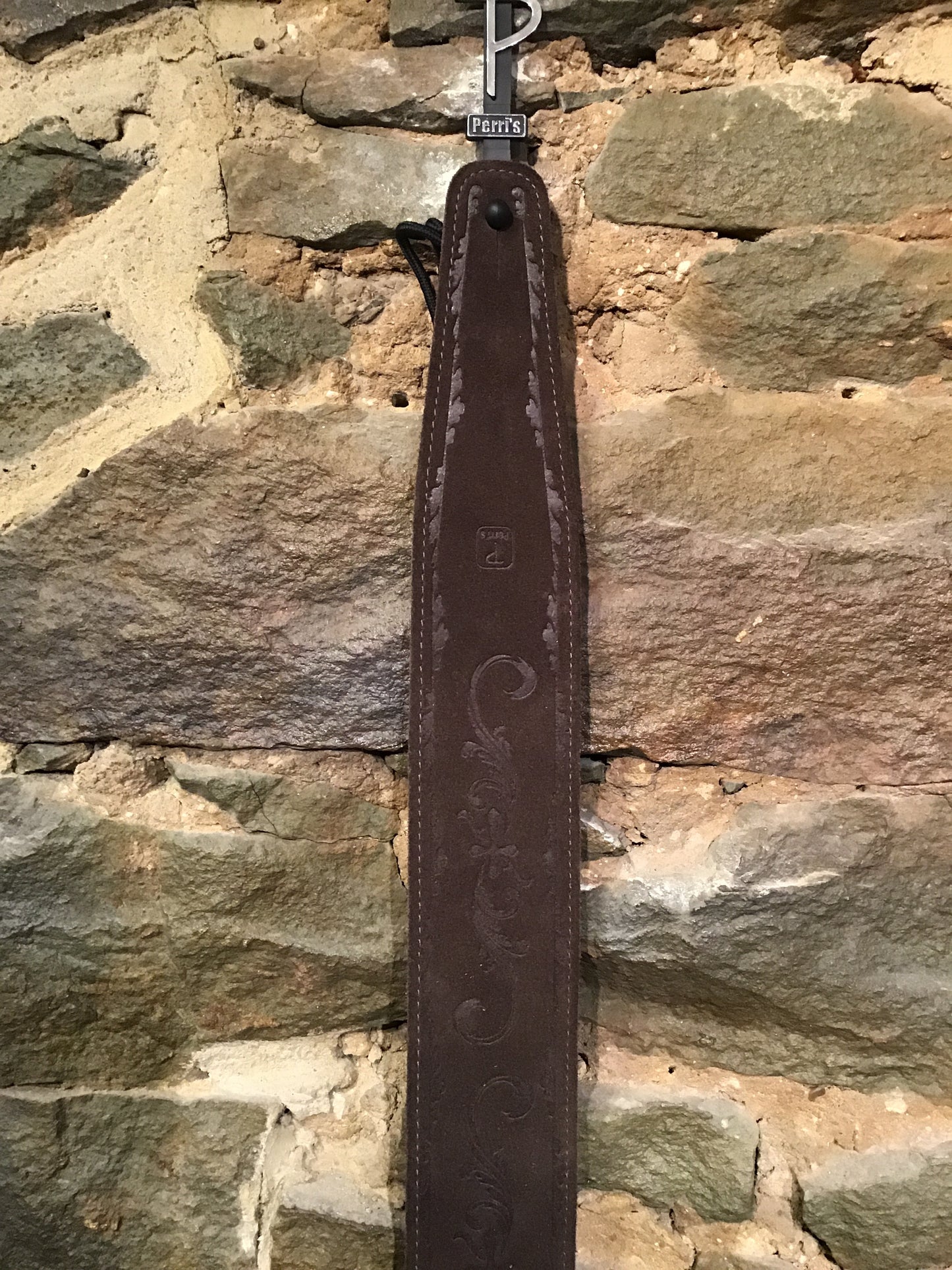 Perri’s Leathers 2.5” embossed soft brown suede guitar strap with soft tan suede backing